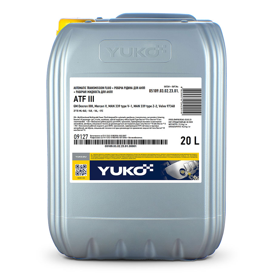 Олива для автоматичних трансмісій YUKO ATF III 17,5кг каністра 20л ПЕ Олива для автоматичних трансмісій YUKO ATF III 17,5кг каністра 20л ПЕ