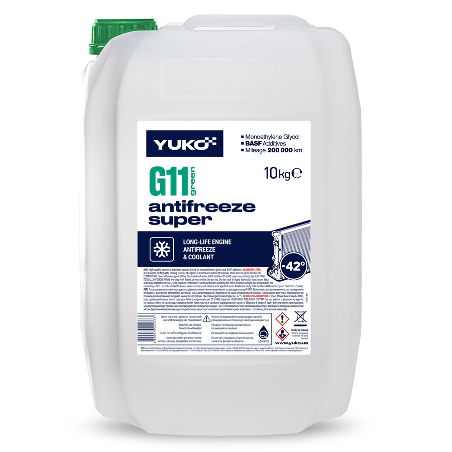 Рідина охолоджуюча YUKO Antifreeze -40 (Super G11 зелений) 10кг каністра 10л ПЕ Рідина охолоджуюча YUKO Antifreeze -40 (Super G11 зелений) 10кг каністра 10л ПЕ
