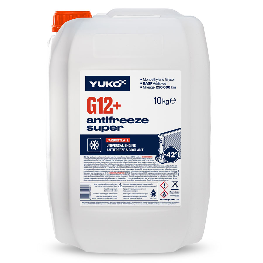 Рідина охолоджуюча YUKO Antifreeze -40 (Super G12+ червоний) 10 кг каністра 10л ПЕ Рідина охолоджуюча YUKO Antifreeze -40 (Super G12+ червоний) 10 кг каністра 10л ПЕ