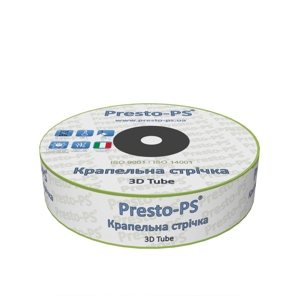 Крапельна стрічка Presto-PS емітерна 3D Tube крапельниці через 20 см, витрата 2.7 л/год, довжина 2000 м (3D-20-2000)